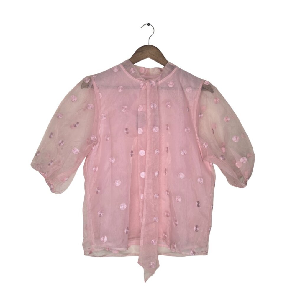 Andrew Marc Pink Polka Dot Sheer Blouse